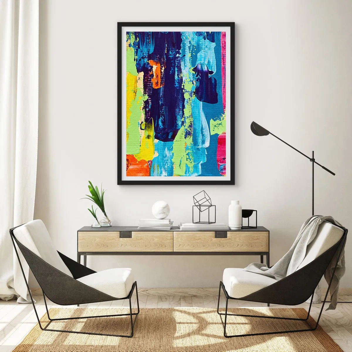Plakat w czarnej ramie - Abstrakcyjne pociągnięcia pędzla w żywych kolorach - 50x70cm - Życie jest piękne! - Nowoczesna dekoracja ścienna do salonu i sypialni ARTTOR
