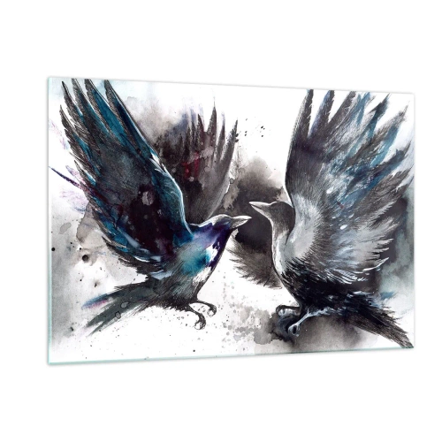 Obraz na szkle - Dwa kruki w dynamicznej pozycji z rozpostartymi skrzydłami - 120x80cm - Kruk krukowi… - Nowoczesna dekoracja ścienna do salonu, kuchni i sypialni ARTTOR