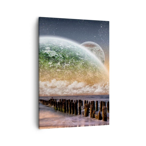 Obraz na płótnie - Kosmiczny krajobraz z planetami i brzegiem morza - 50x70cm - I świat wyłonił się z wody - Nowoczesna dekoracja ścienna do salonu, kuchni i sypialni ARTTOR