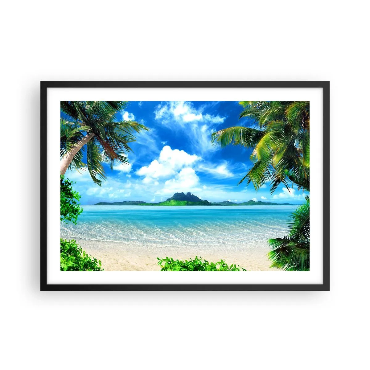 Plakat w czarnej ramie - Tropikalna plaża z palmami i widokiem na wyspę - 70x50cm - Lazur tropików - Nowoczesna dekoracja ścienna do salonu i sypialni ARTTOR