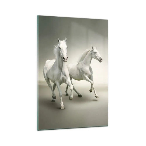 Obraz na szkle - Dwa białe konie w galopie na jasnym tle - 80x120cm - White power! - Nowoczesna dekoracja ścienna do salonu i sypialni ARTTOR