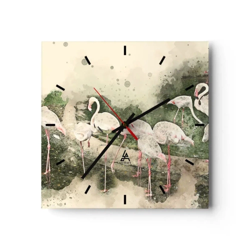 Zegar ścienny - Flamingi w naturalnym otoczeniu w akwarelowym stylu - 30x30cm - Egzotyczny sen - Nowoczesna dekoracja ścienna do salonu i sypialni ARTTOR