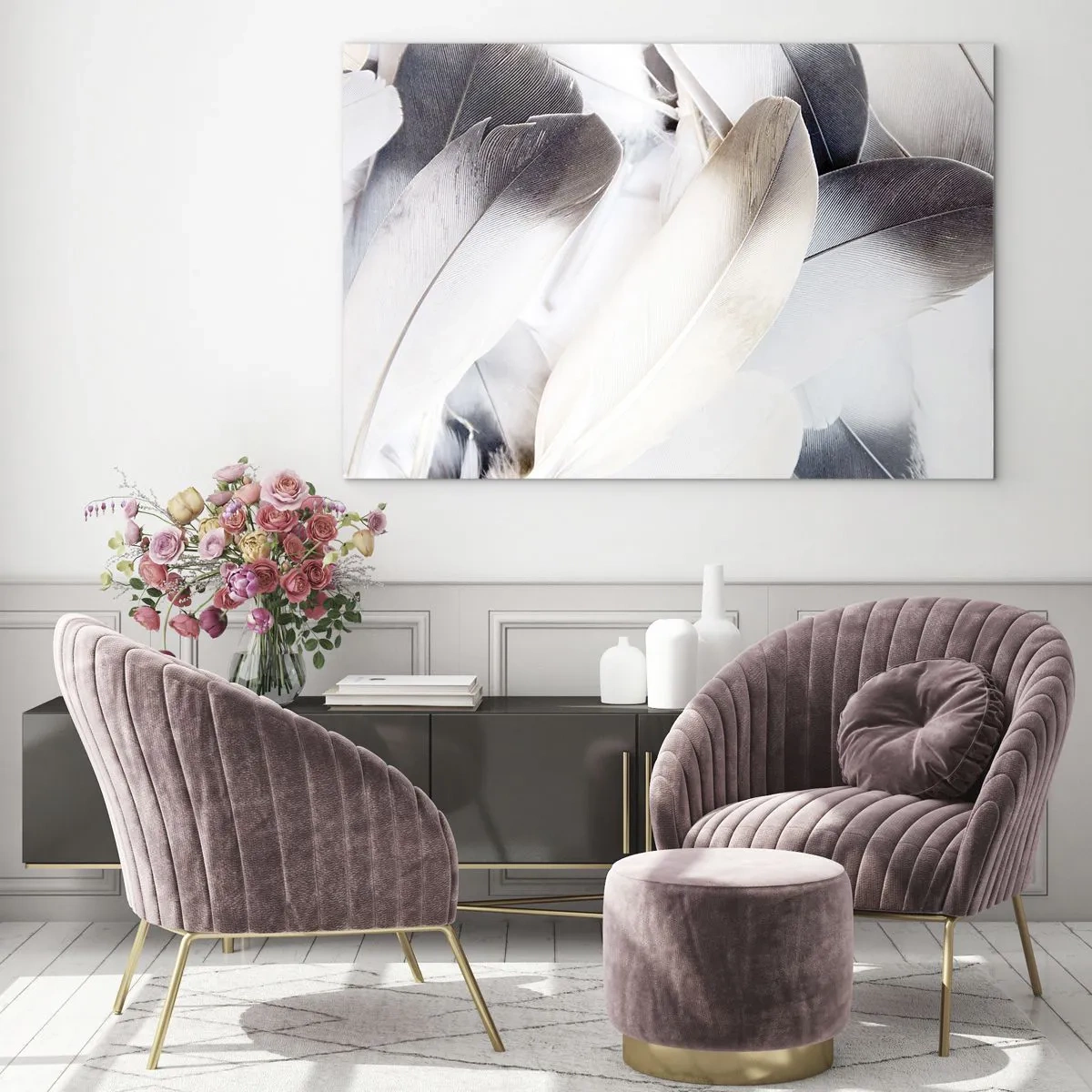 Obraz na szkle - Delikatne jasne pióra w odcieniach bieli i szarości - 100x70cm - Niemal anielskie - Nowoczesna dekoracja ścienna do salonu, kuchni i sypialni ARTTOR