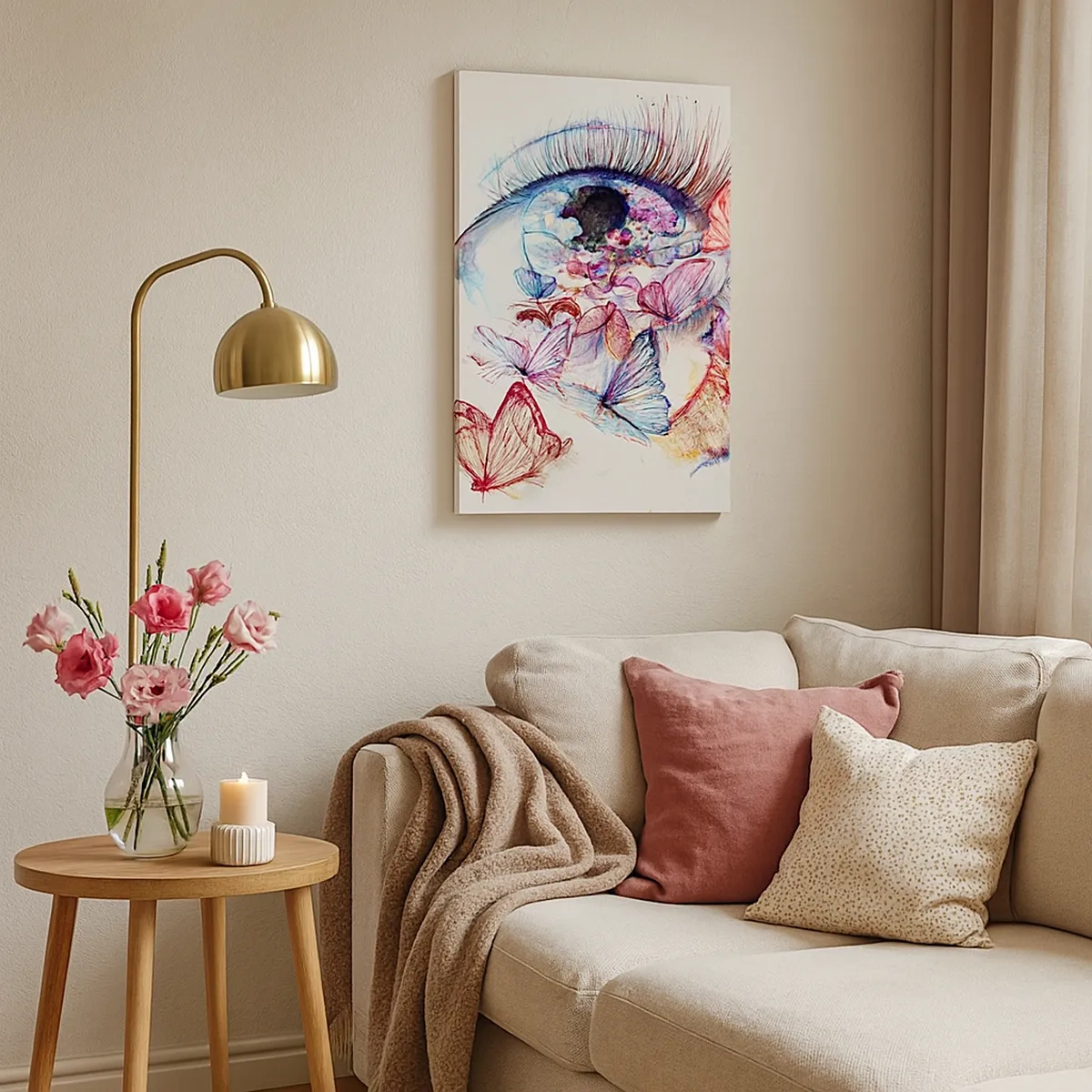 Obraz na płótnie - Ilustracja oka z motylami w technice akwareli - 50x70cm - Bajkowy oczu czar - Nowoczesna dekoracja ścienna do salonu, kuchni i sypialni ARTTOR