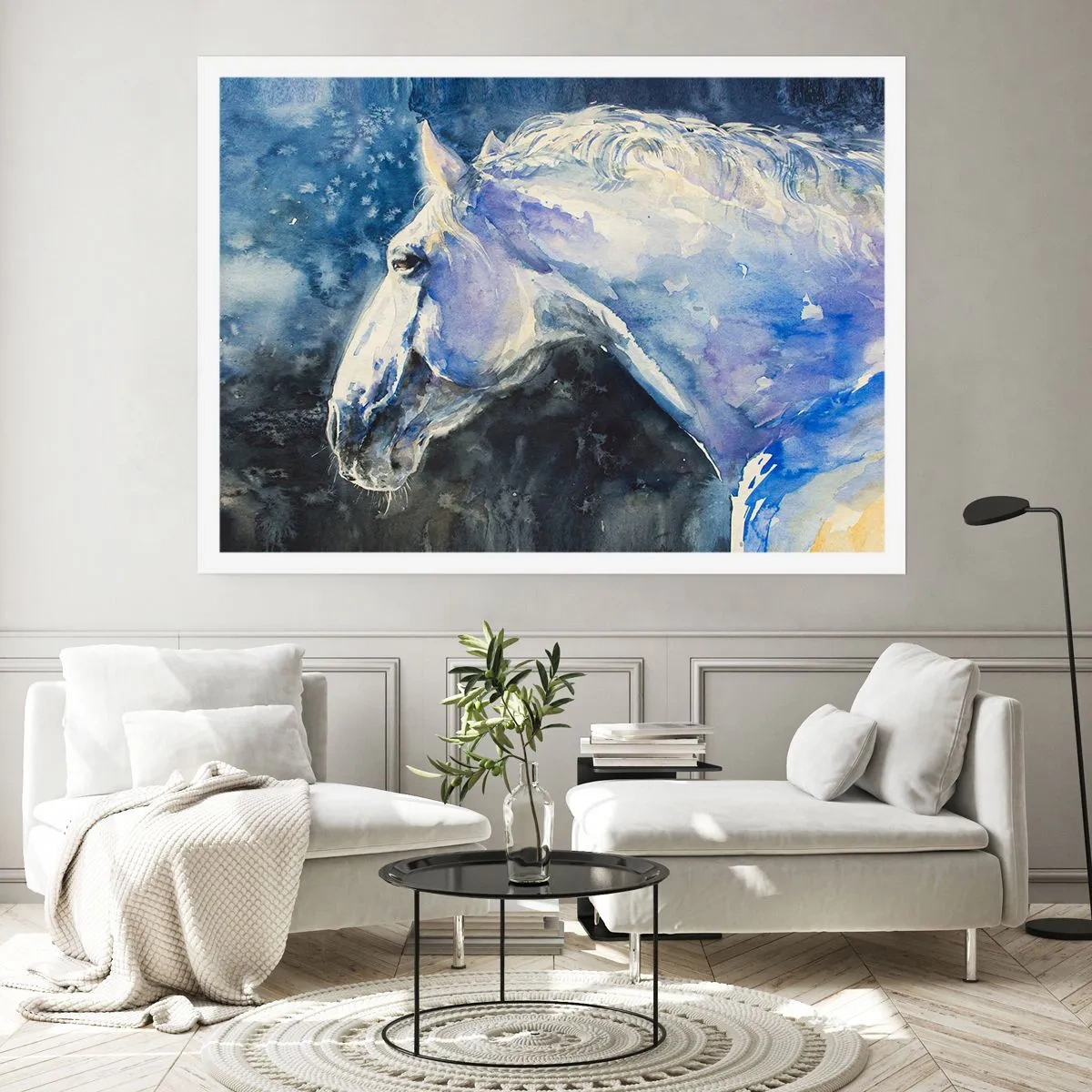 Plakat - Portret konia w odcieniach błękitu z malarskim efektem akwareli - 100x70cm - Portret w błękitnej poświacie - Nowoczesna dekoracja ścienna do salonu i sypialni ARTTOR