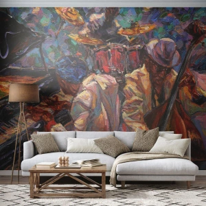 Fototapeta Premium Canvas - Energetyczna scena jazzowa z muzykami i instrumentami - 100x70cm - W jednym rytmie - Nowoczesna dekoracja ścienna do salonu i sypialni ARTTOR