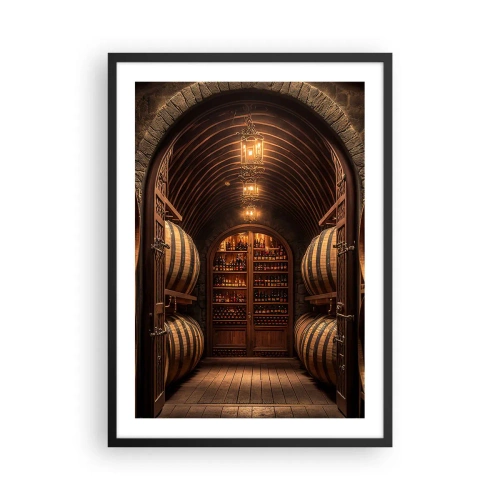 Plakat w czarnej ramie - Elegancka piwnica na wino z drewnianymi beczkami - 50x70cm - Klimatyczna piwnica - Nowoczesna dekoracja ścienna do salonu i sypialni ARTTOR