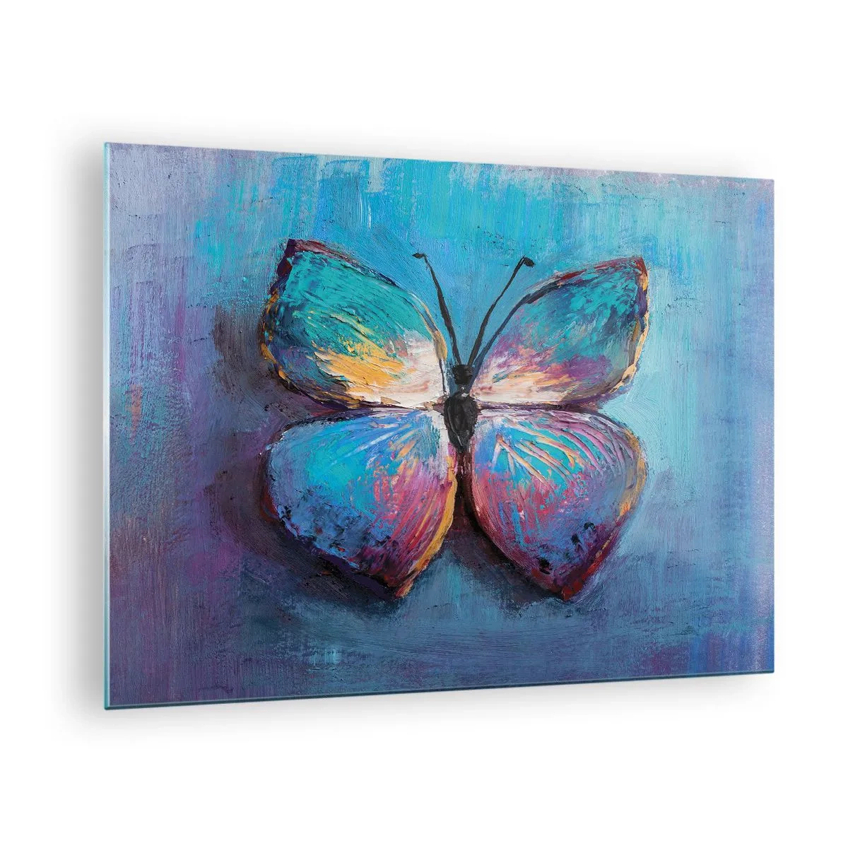 Obraz na szkle - Kolorowy motyl na tle abstrakcyjnych barw w odcieniach niebieskiego i fioletu - 70x50cm - W pełnej krasie - Nowoczesna dekoracja ścienna do salonu i sypialni ARTTOR