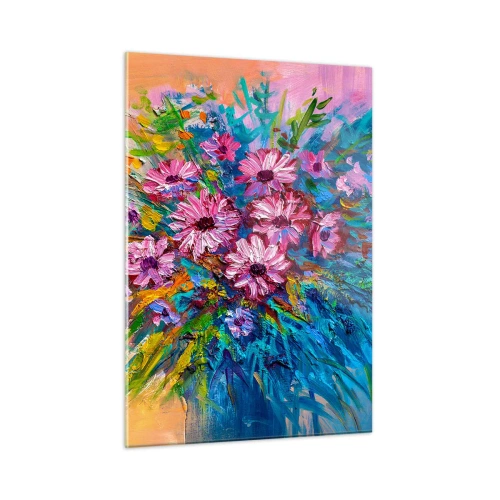 Obraz na szkle - Bukiet różowych kwiatów w artystycznej, kolorowej kompozycji - 50x70cm - Energia życia - Nowoczesna dekoracja ścienna do salonu, kuchni i sypialni ARTTOR