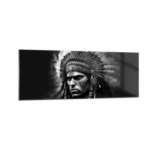 Obraz na szkle - Portret wodza w pióropuszu na czarnym tle - 140x50cm - Wódz i wojownik - Nowoczesna dekoracja ścienna do salonu i sypialni ARTTOR