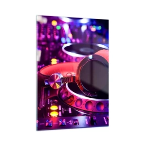 Obraz na szkle - Kolorowy sprzęt DJ z czerwonymi słuchawkami - 50x70cm - Zanim się zacznie zabawa - Nowoczesna dekoracja ścienna do salonu, kuchni i sypialni ARTTOR