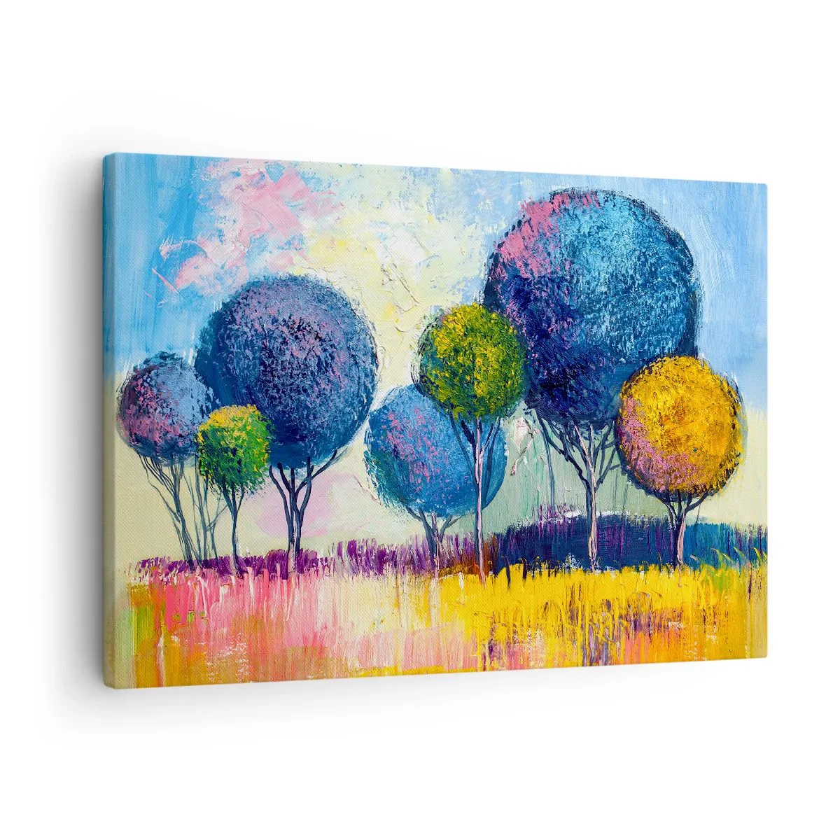 Obraz na płótnie - Kolorowe drzewa w kształcie kul na tle pejzażu - 70x50cm - Kula - kształt ideału - Nowoczesna dekoracja ścienna do salonu i sypialni ARTTOR