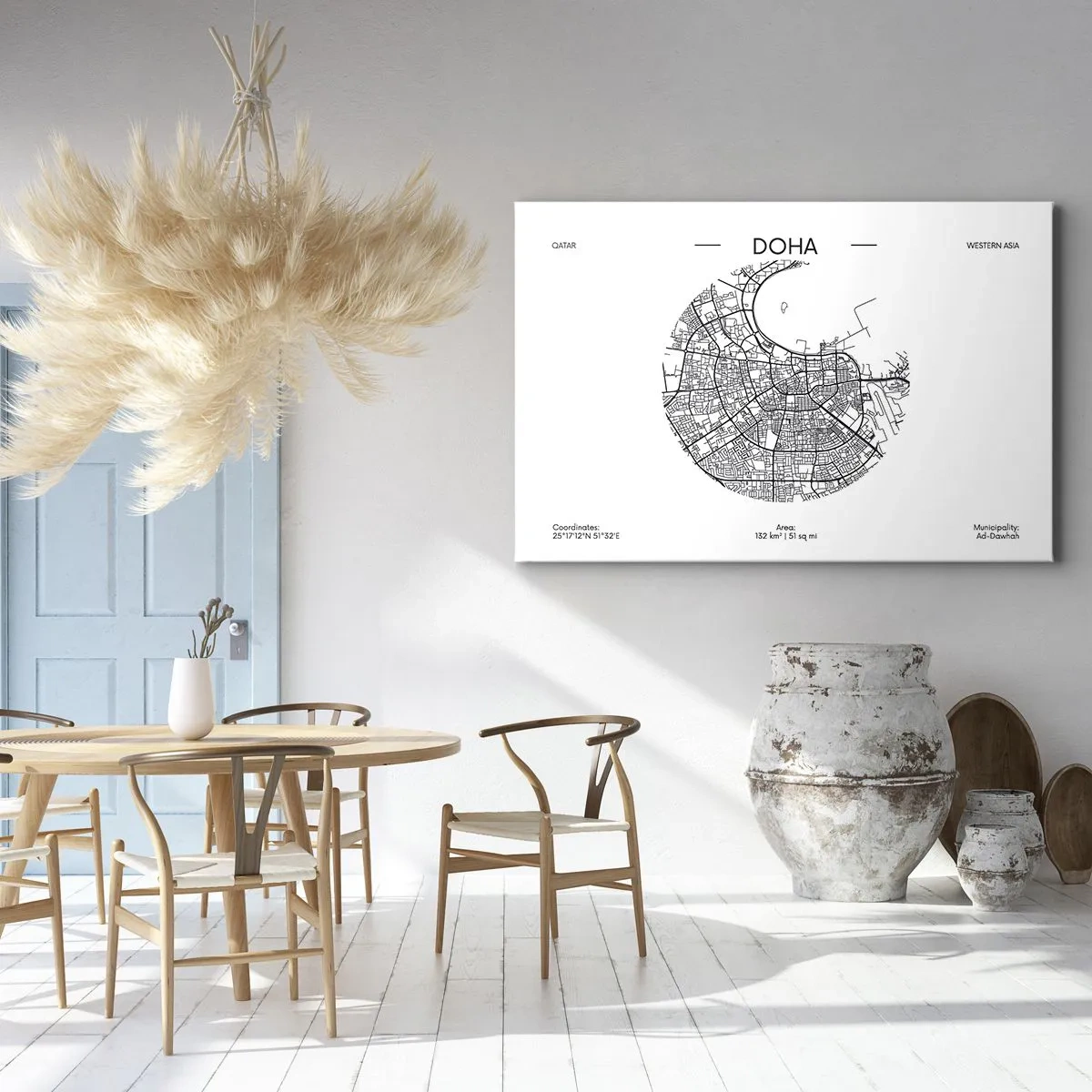 Obraz na płótnie - Minimalistyczna mapa Dohy w czarno-białej kolorystyce z precyzyjnymi detalami - 70x50cm - Anatomia Dohy - Nowoczesna dekoracja ścienna do salonu i sypialni ARTTOR