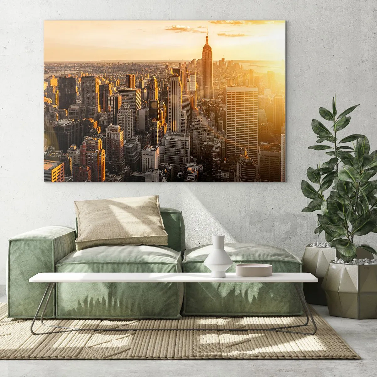 Obraz na szkle - Panorama Nowego Jorku o zachodzie słońca - 70x50cm - Rosnąc w słońcu - Nowoczesna dekoracja ścienna do salonu i sypialni ARTTOR