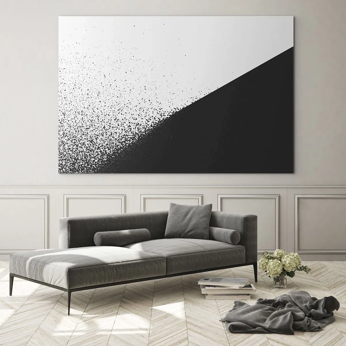 Obraz na szkle - Minimalistyczna kompozycja w czerni i bieli z efektem rozpadu - 70x50cm - Coraz szybciej, coraz więcej - Nowoczesna dekoracja ścienna do salonu i sypialni ARTTOR
