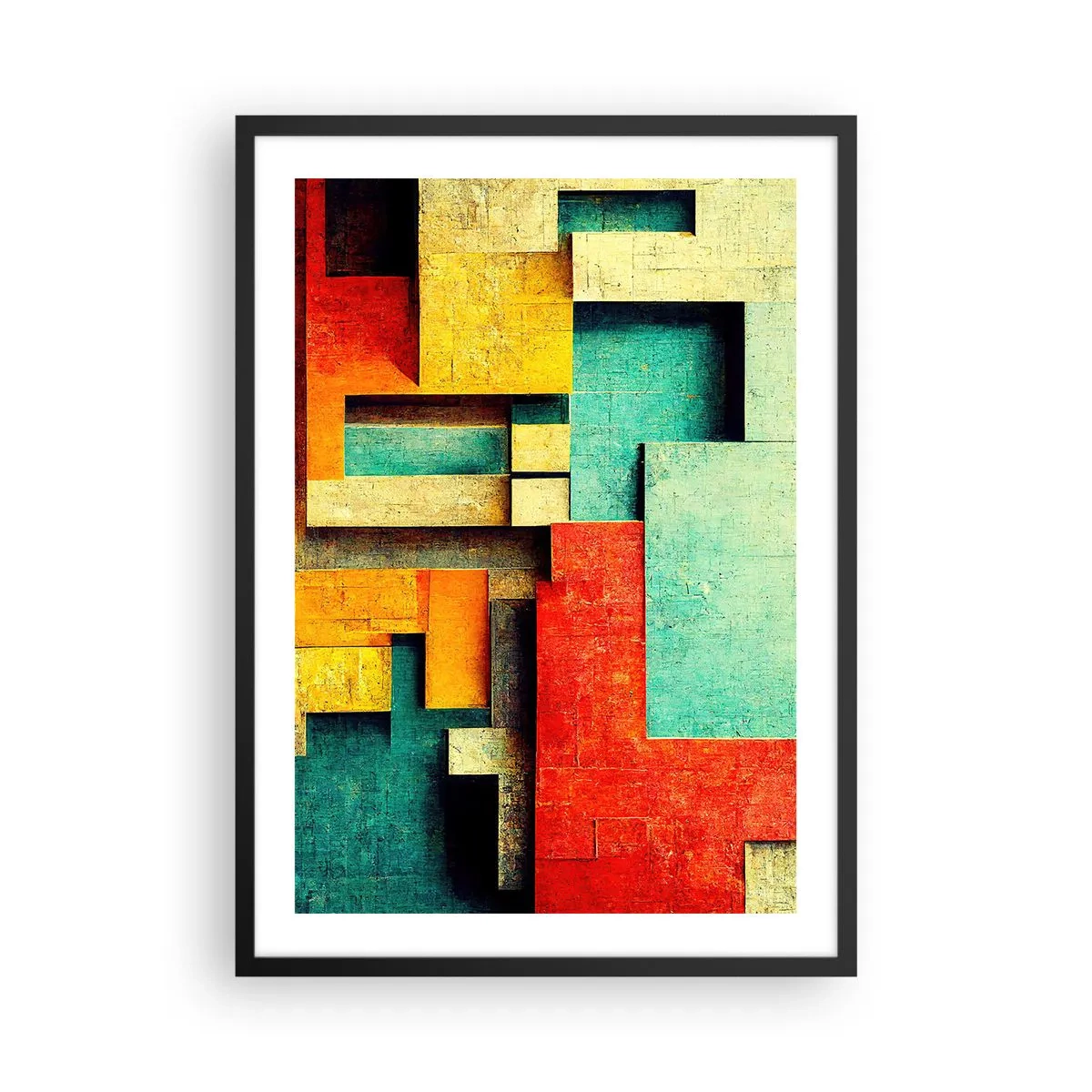 Plakat w czarnej ramie - Geometryczna abstrakcja w żywych kolorach - 50x70cm - Festiwal kątów prostych - Nowoczesna dekoracja ścienna do salonu i sypialni ARTTOR