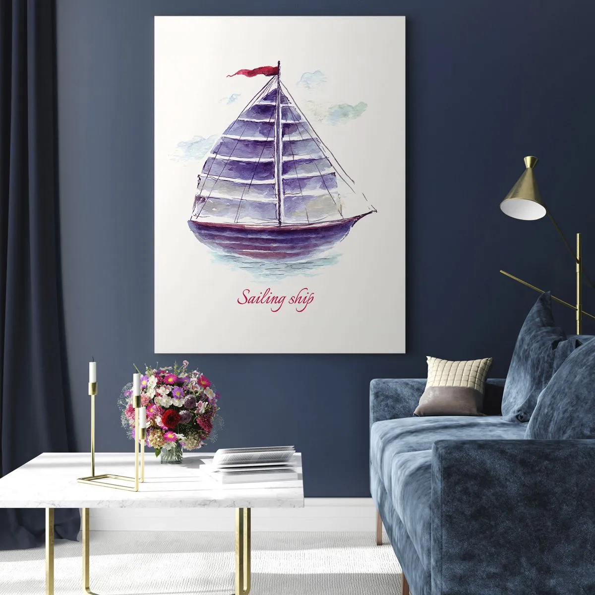 Obraz na szkle - Akwarelowy żaglowiec z napisem Sailing ship - 50x70cm - Pełnych żagli i spokojnej wody - Nowoczesna dekoracja ścienna do salonu, kuchni i sypialni ARTTOR