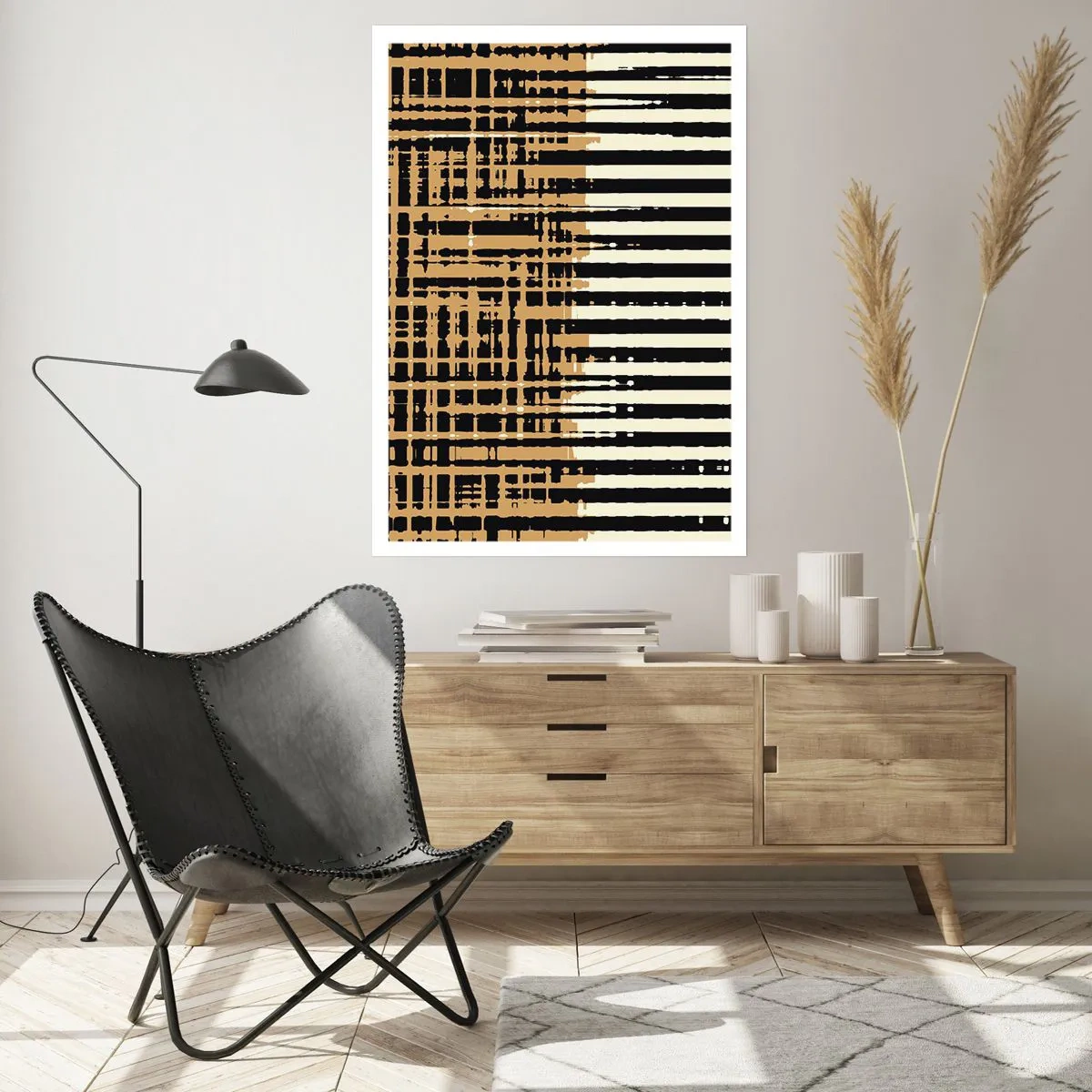 Plakat - Geometryczny wzór z liniami i ciepłymi barwami - 50x70cm - Architektoniczna abstrakcja - Nowoczesna dekoracja ścienna do salonu, kuchni i sypialni ARTTOR