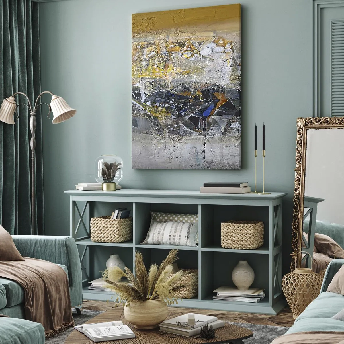 Obraz na płótnie - Abstrakcja z dominującymi odcieniami żółci i szarości - 70x100cm - Wszystko się poukłada - Nowoczesna dekoracja ścienna do salonu i sypialni ARTTOR