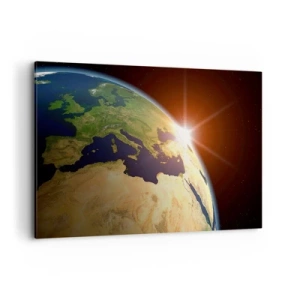 Obraz na płótnie - Widok Ziemi z kosmosu z promieniami słońca na horyzoncie - 120x80cm - Wschód słońca - Nowoczesna dekoracja ścienna do salonu, kuchni i sypialni ARTTOR