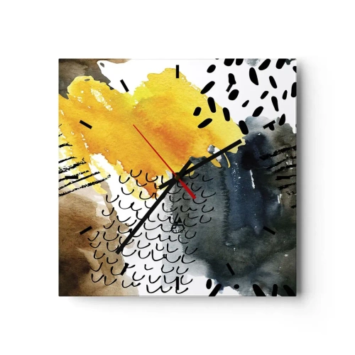 Zegar ścienny - Abstrakcyjna kompozycja z żółtymi akcentami i graficznymi wzorami - 30x30cm - Spotkanie żywiołów - Nowoczesna dekoracja ścienna do salonu i sypialni ARTTOR