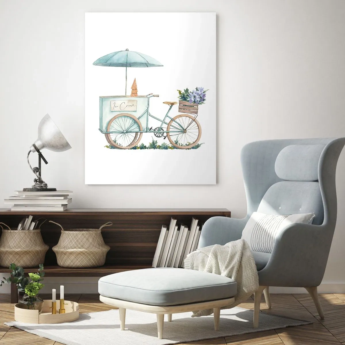 Obraz na szkle - Rower z lodami i kwiatami pod parasolem w delikatnej pastelowej kolorystyce - 80x120cm - Słodkie wspomnienie lata - Nowoczesna dekoracja ścienna do salonu i sypialni ARTTOR