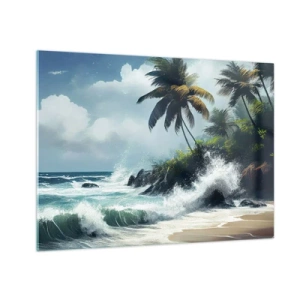 Obraz na szkle - Fale uderzające o skały przy palmach na tropikalnej plaży - 70x50cm - Na tropikalnym brzegu - Nowoczesna dekoracja ścienna do salonu i sypialni ARTTOR