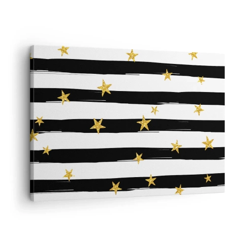 Obraz na płótnie - Czarno-białe pasy z złotymi gwiazdkami - 70x50cm - Wszyscy urodziliśmy się pod szczęśliwą gwiazdą - Nowoczesna dekoracja ścienna do salonu i sypialni ARTTOR