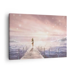 Obraz na płótnie - Kobieta na pomoście w magicznej scenerii zachodu słońca - 70x50cm - W świetle marzenia - Nowoczesna dekoracja ścienna do salonu i sypialni ARTTOR