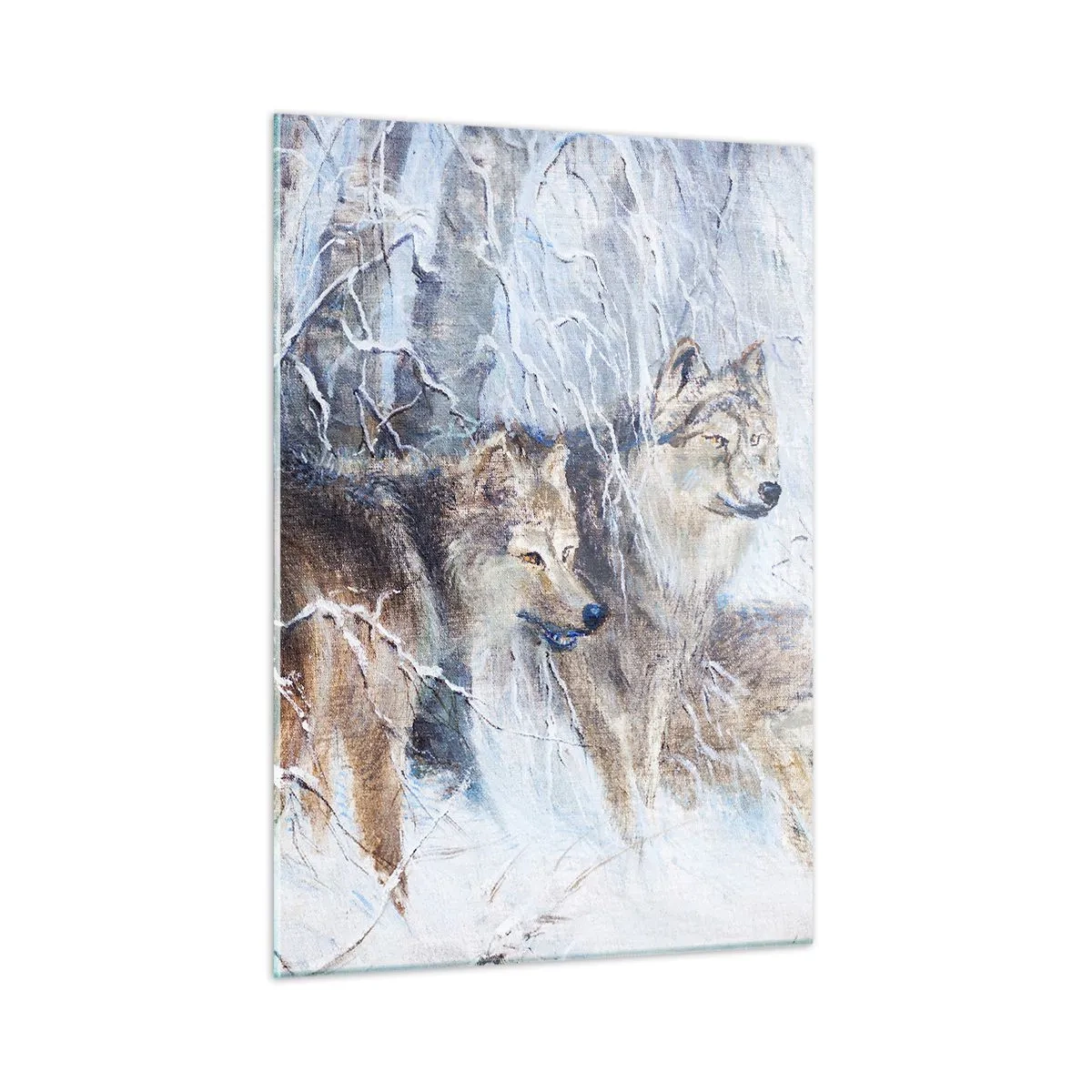 Obraz na szkle - Trzy wilki w zimowym lesie otoczone śniegiem - 50x70cm - Uwaga! Nadchodzi… - Nowoczesna dekoracja ścienna do salonu, kuchni i sypialni ARTTOR