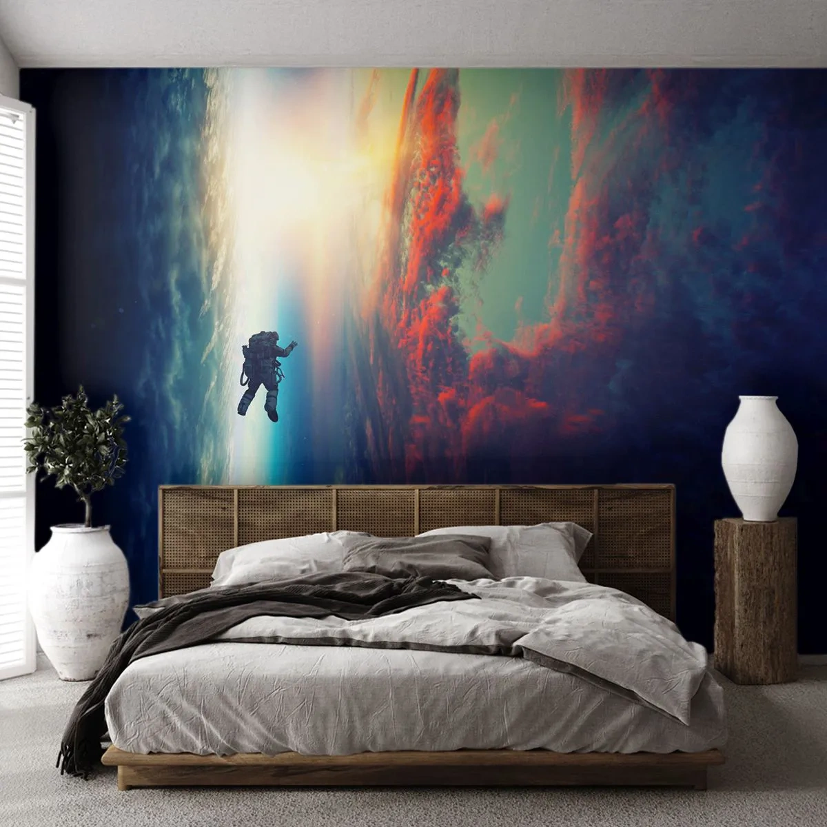 Fototapeta Premium Sand - Astronauta unoszący się w przestrzeni kosmicznej nad Ziemią - 100x70cm - Mierzyć się ze wszechświatem - Nowoczesna dekoracja ścienna do salonu, kuchni i sypialni ARTTOR