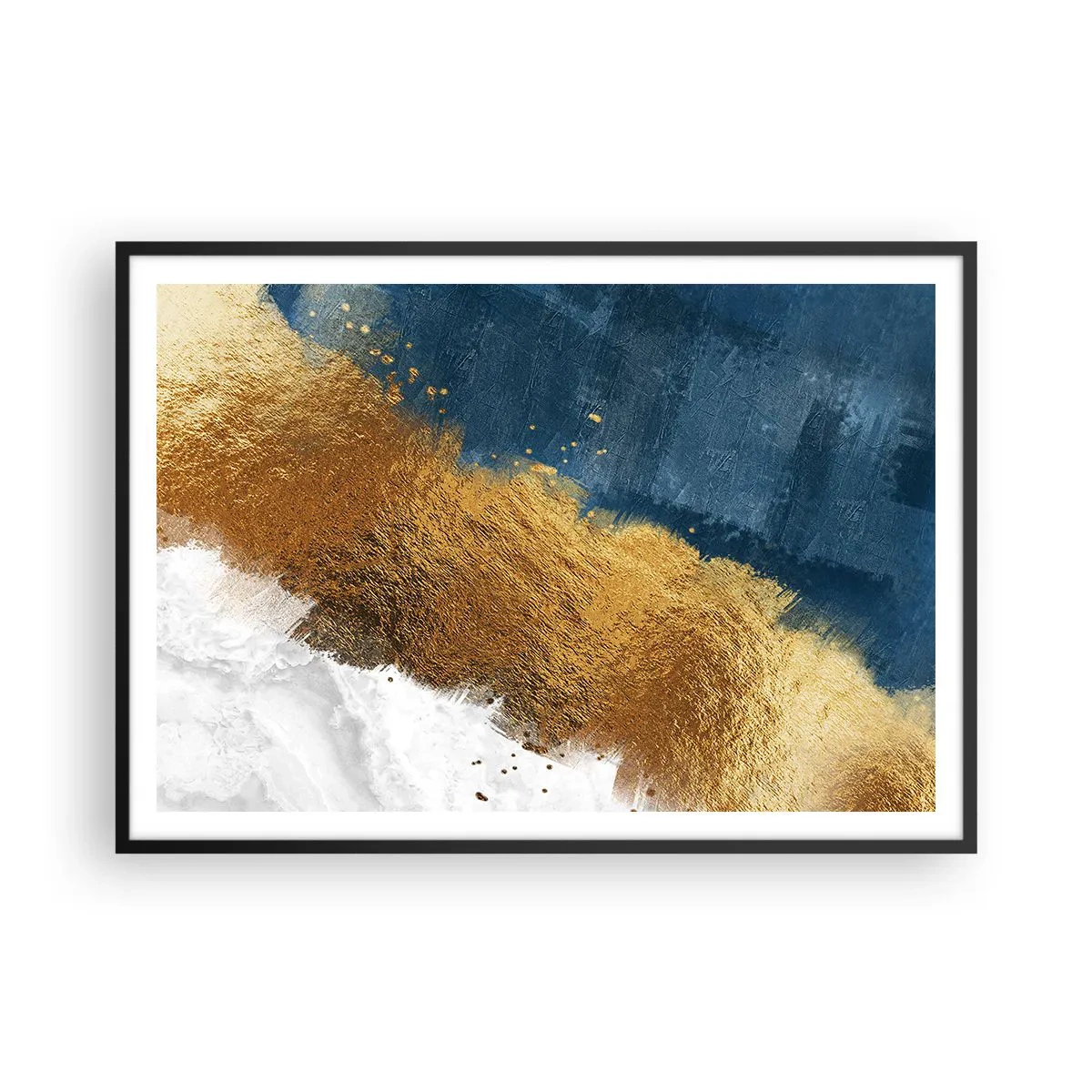 Plakat w czarnej ramie - Abstrakcyjna kompozycja w odcieniach złota, błękitu i bieli - 100x70cm - Barwy lata - Nowoczesna dekoracja ścienna do salonu i sypialni ARTTOR
