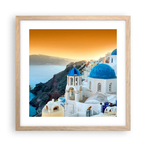 Plakat w ramie jasny dąb - Santorini - przytulone do skał - 40x40 cm