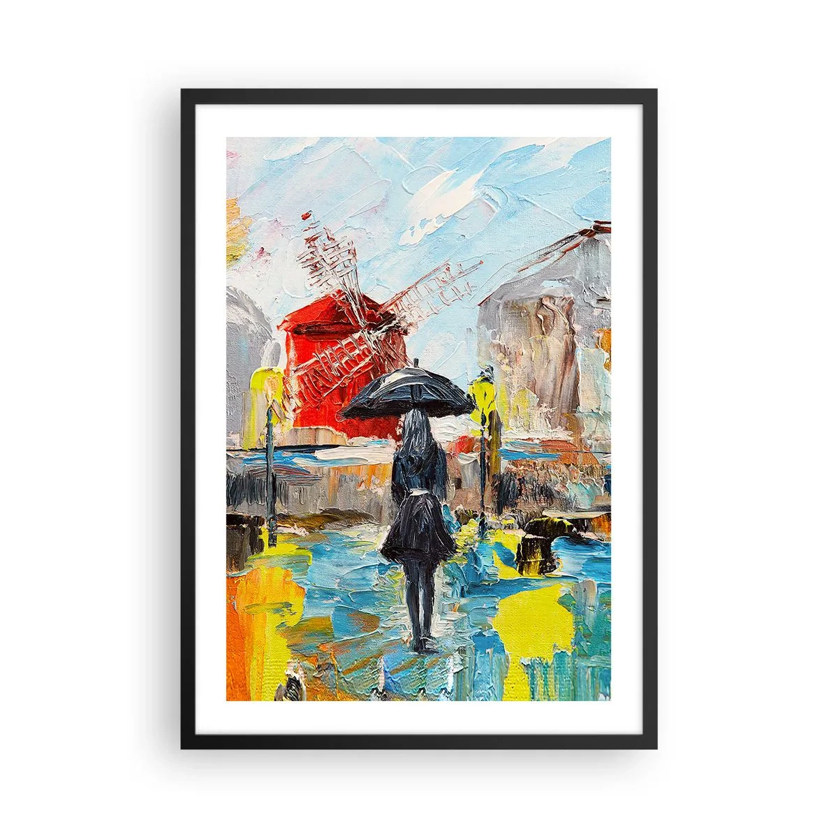 Plakat w czarnej ramie - Kobieta z parasolem na tle miasta w deszczu - 50x70cm - Paryskie legendy - Nowoczesna dekoracja ścienna do salonu i sypialni ARTTOR