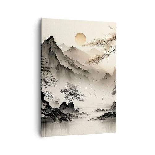 Obraz na płótnie - Minimalistyczny pejzaż górski w stylu orientalnym - 50x70cm - Niepowtarzalny urok orientu - Nowoczesna dekoracja ścienna do salonu, kuchni i sypialni ARTTOR
