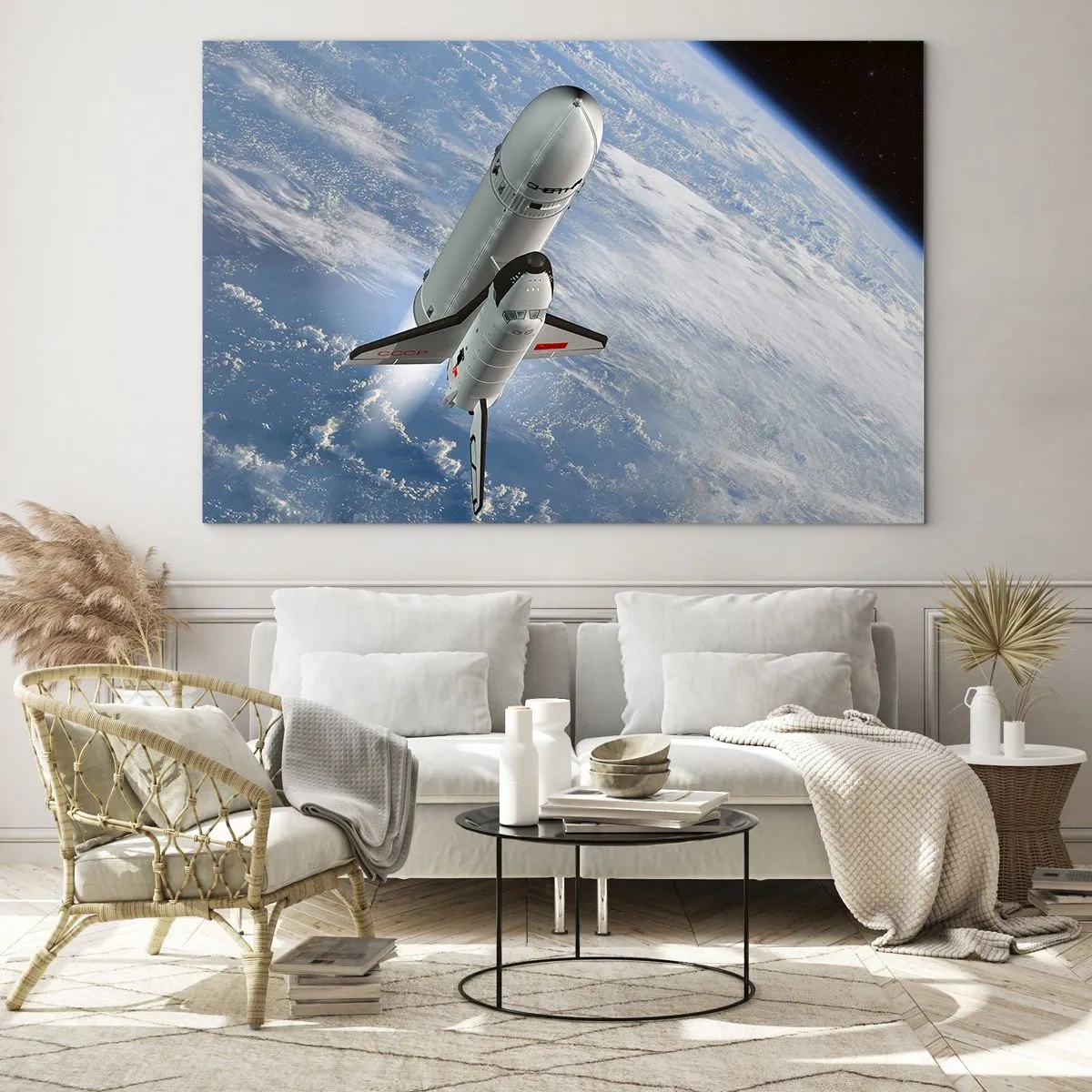 Obraz na szkle - Prom kosmiczny startujący na tle Ziemi w przestrzeni kosmicznej - 120x80cm - Kosmiczne wniebowstąpienie - Nowoczesna dekoracja ścienna do salonu, kuchni i sypialni ARTTOR