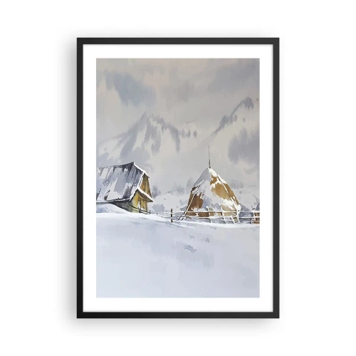 Plakat w czarnej ramie - Zimowy pejzaż z chatą i stogiem siana w górach - 50x70cm - W śnieżnej kotlinie - Nowoczesna dekoracja ścienna do salonu i sypialni ARTTOR