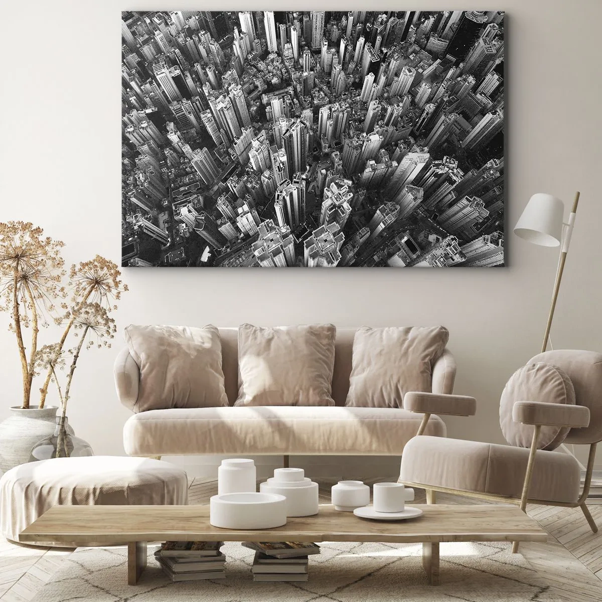 Obraz na płótnie - Czarno-biały widok miasta z lotu ptaka - 70x50cm - Wciąż wyżej i wyżej - Nowoczesna dekoracja ścienna do salonu i sypialni ARTTOR