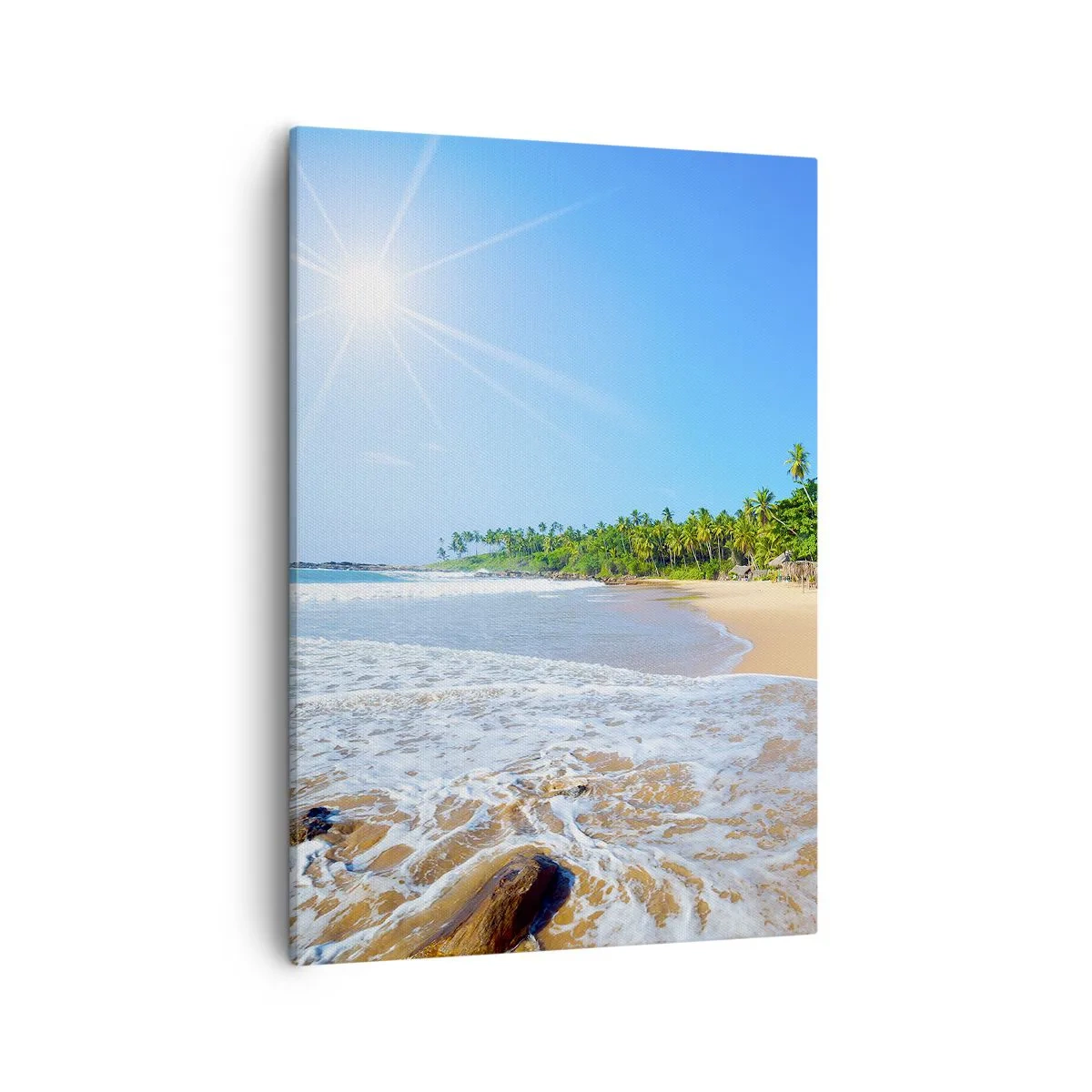 Obraz na płótnie - Tropikalna plaża z palmami i falami pod błękitnym niebem - 50x70cm - Egzotyczne miejsce dla ciebie - Nowoczesna dekoracja ścienna do salonu, kuchni i sypialni ARTTOR