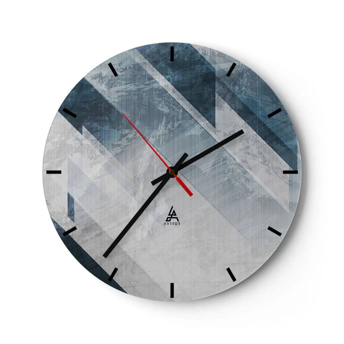 Zegar ścienny - Geometryczne pasy w odcieniach szarości i granatu tworzące głębię - 30x30cm - Kompozycja przestrzenna – ruch szarości - Nowoczesna dekoracja ścienna do salonu, kuchni i sypialni ARTTOR