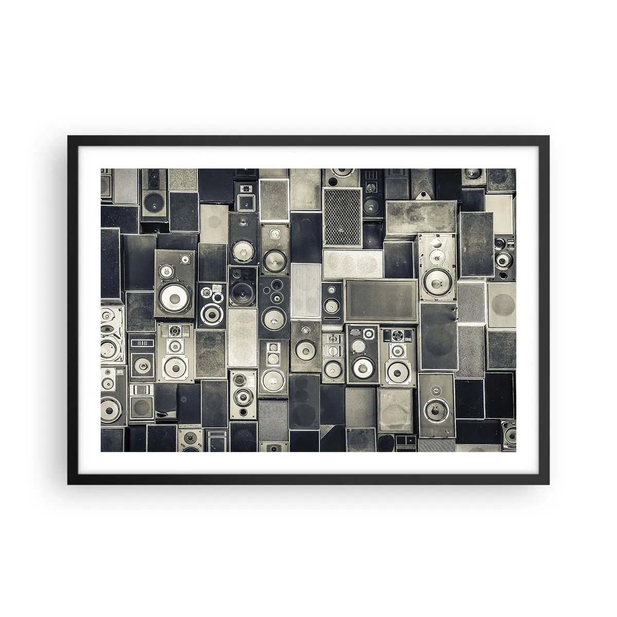 Plakat w czarnej ramie - Kolekcja głośników w stylu retro - 70x50cm - I wszystko gra - Nowoczesna dekoracja ścienna do salonu i sypialni ARTTOR