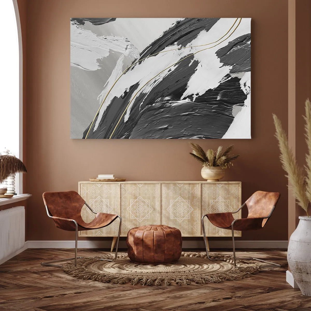 Obraz na płótnie - Czarno-białe pociągnięcia farby z delikatnym złotym akcentem - 70x50cm - Abstrakcja z rozmachem - Nowoczesna dekoracja ścienna do salonu i sypialni ARTTOR