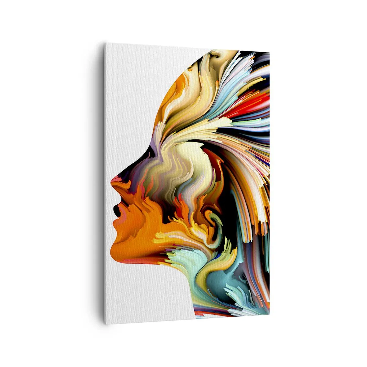 Obraz na płótnie - Abstrakcyjny profil twarzy z kolorowymi dynamicznymi liniami - 80x120cm - Eksplozja wyobraźni - Nowoczesna dekoracja ścienna do salonu i sypialni ARTTOR
