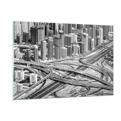 Obraz na szkle - Czarno-biała panorama miasta z węzłem autostradowym - 120x80cm - Dubaj – miasto niemożliwe - Nowoczesna dekoracja ścienna do salonu, kuchni i sypialni ARTTOR