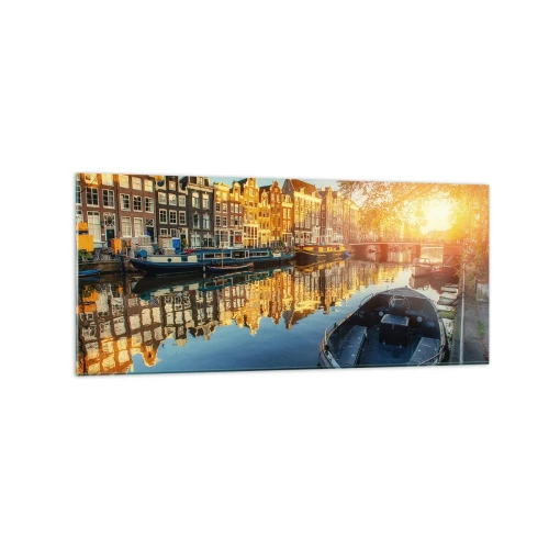 Obraz na szkle - Kanał w Amsterdamie o zachodzie słońca - 120x50cm - Poranek w Amsterdamie - Nowoczesna dekoracja ścienna do salonu i sypialni ARTTOR
