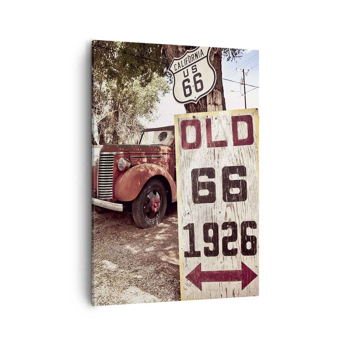Obraz na płótnie - Legenda amerykanskiej prowincji - Retro samochód przy znaku Route 66 - 50x70cm