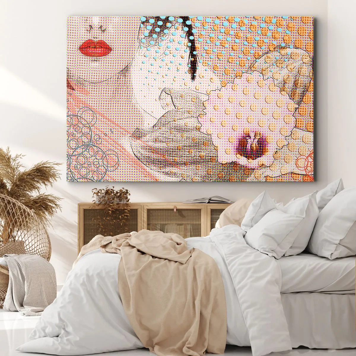 Obraz na płótnie - Abstrakcyjna grafika z motywem ust i orchidei - 70x50cm - Komiksowa heroina - Nowoczesna dekoracja ścienna do salonu i sypialni ARTTOR