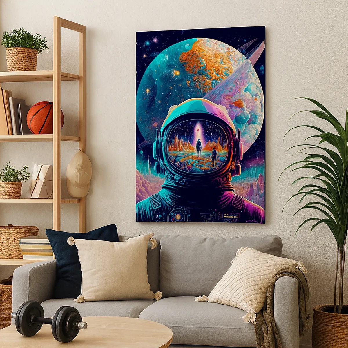 Obraz na płótnie - Astronauta i surrealistyczny krajobraz - 50x70cm - Filozofom się nie śniło - Nowoczesna dekoracja ścienna do salonu, kuchni i sypialni ARTTOR