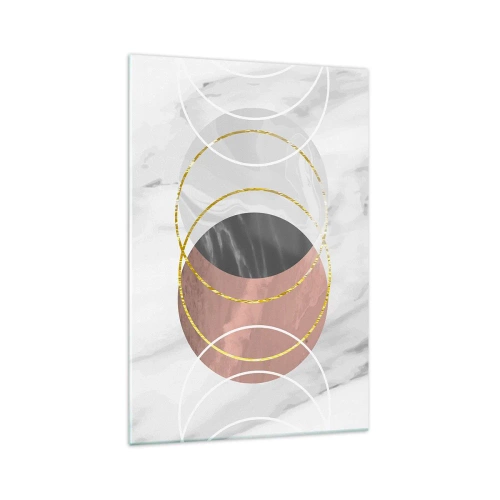Obraz na szkle - Abstrakcyjna kompozycja geometryczna z kołami i metalicznymi detalami - 70x100cm - Muzyka sfer - Nowoczesna dekoracja ścienna do salonu i sypialni ARTTOR
