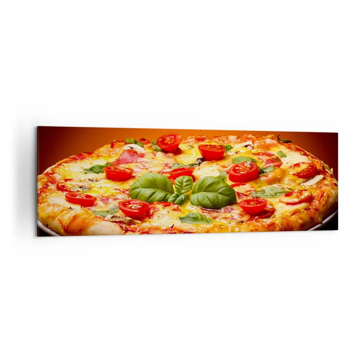 Obraz na płótnie - Pizza z pomidorami i bazylią na drewnianym stole - 160x50cm - Mamma mia! - Nowoczesna dekoracja ścienna do salonu i sypialni ARTTOR